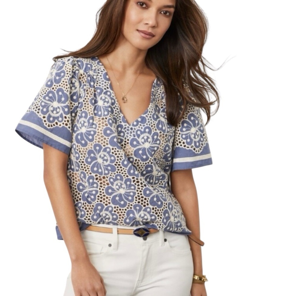 Cabi Inspire Blue Floral Eyelet Embroidered Short Sleeves Top
